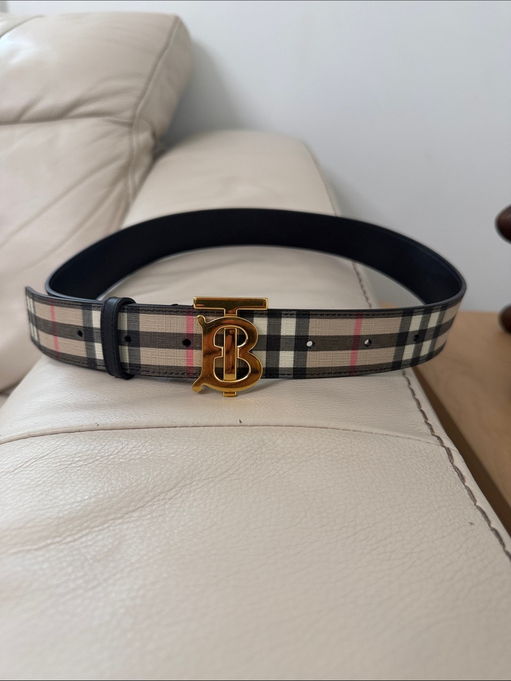 Burberry Beige Check Belt with Gold TB Buckle